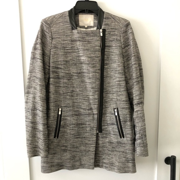 Maje Gray Tweed Long Linen Lambskin Blazer Jacket 36 S - Picture 3 of 11
